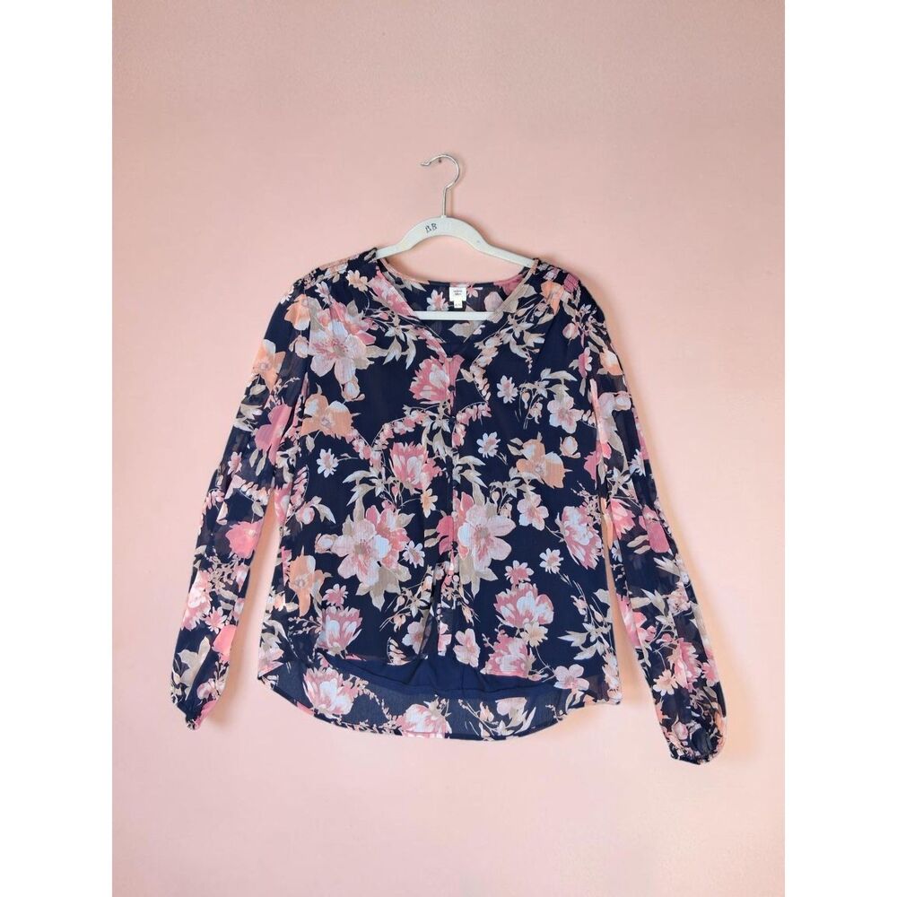 Autres Filles XL Navy Blue Floral Sheer Chiffon Long Sleeve Blouse Top